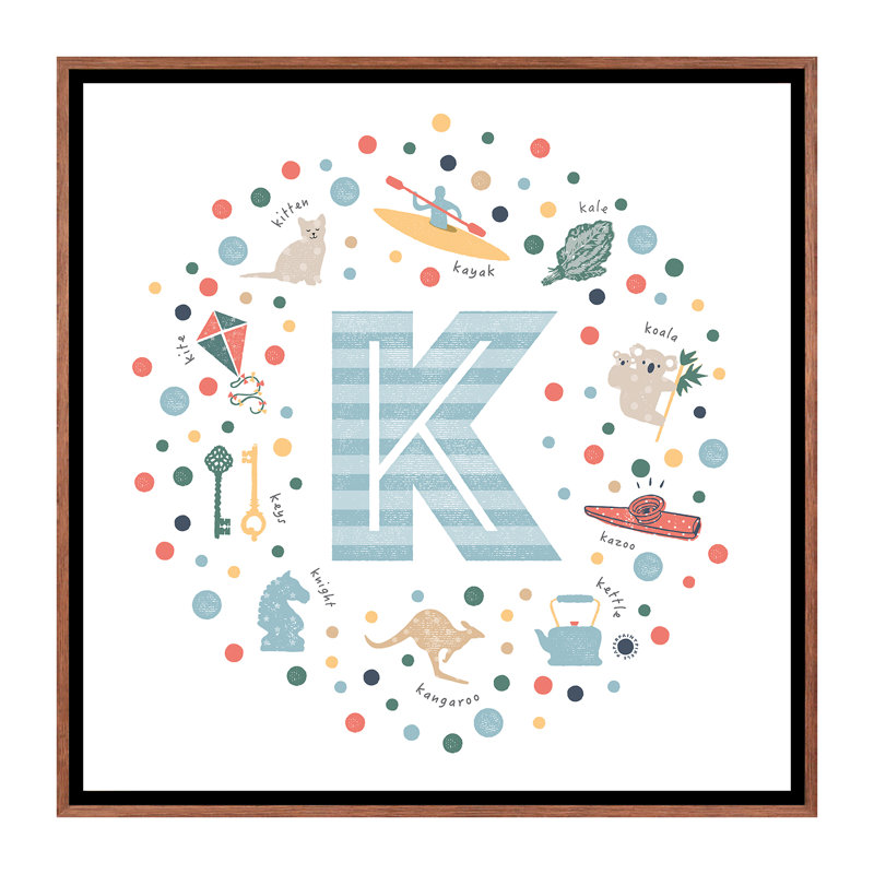 Lettre K illustrée, impression bleue, Pas de tapis, H 18 po x l 18 po x 1,5 po, Toile avec cadre brun