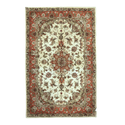 Hand-Knotted High-Quality Ivory and Red Area Rug