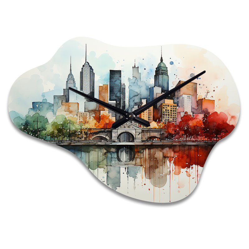 Callier coloré, paysage urbain de New York, aquarelle I - nuage New York City horloge en métal, impression d'horloge murale asymétrique
