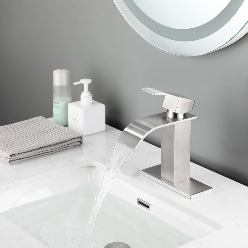 Waterfall Spout Single Handle Faucet For Bathroom Sink With Pop - Up Drain, Brushed Nickel, Rust, Stable Flow Style Stainless Steel, Flow, Easy To Press
