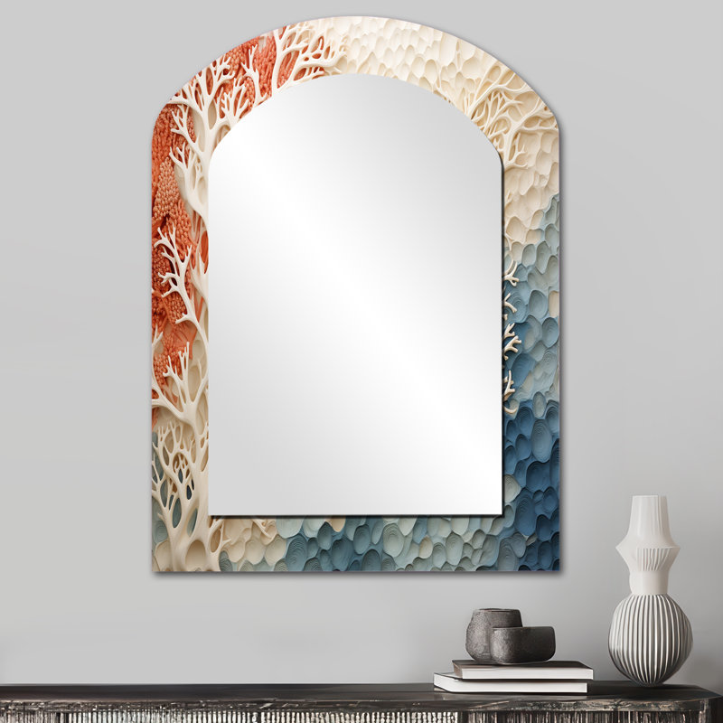 Pink And White Coastal Coral Collage I - Corals Asymmetrical Decorative Wall Mirror, Cream Arch Mirror, Printed Metal Art