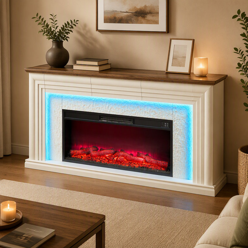 Meuble télé de style champêtre de 70 pouces avec foyer électrique de 42 pouces et tiroirs de rangement