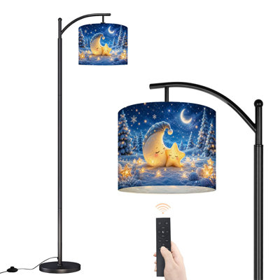 PeeNoke Arc Floor Lamp Sleeping Crescent Moon Smiling Star Snowy Winter Night Fantasy Tall Modern Standing Lamp LED Adjustable Linen Lampshade 3 Color Temperatures
