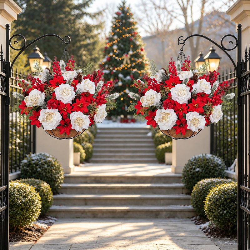 2 paniers de fleurs suspendus pour Noël