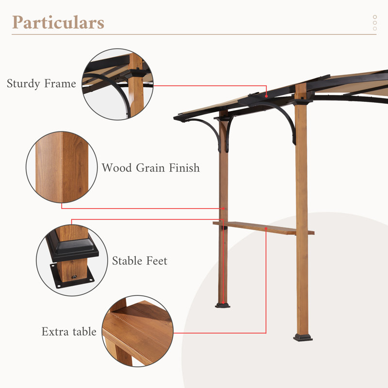 Premium 8.5' X 13' Outdoor Metal Pergola Gazebo With Arched Canopy, Shelves & Bar Top - Natural Wood-look Frame For Patio, Garden, Backyard & Barbecue