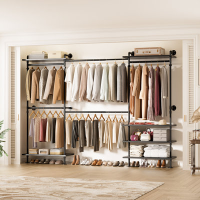 Portemanteaux 59 "à 103,2" en forme de L en forme de C, support à vêtements avec 3 tablettes en bois, support de rangement mural