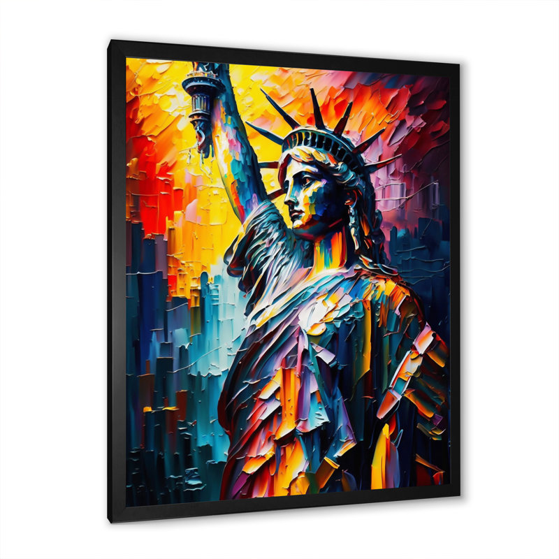 Statue colorée de la liberté II - art mural ville, Cadre noir, H 20 po x l 12 po x P 1 po