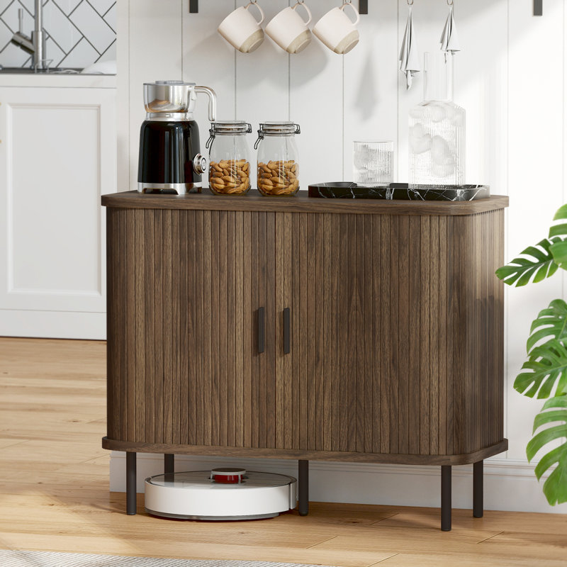 Walnut Nordic Sideboard - Slatted Tambour Sliding Doors, Decorative Storage Cabinet For Kitchen/living Room