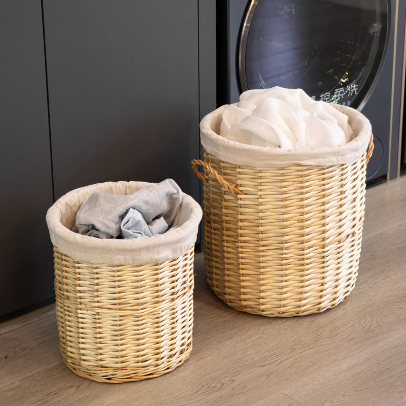  Ensemble de 2 paniers à linge ronds en osier avec couvercle, poignées latérales et doublures amovibles en tissu, paniers de rangement décoratifs naturels pour serviettes, couvertures et rangement