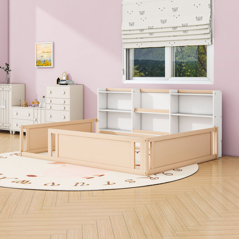 Lit en bois avec barrière de sécurité et tablettes, Lit double, Blanc nu