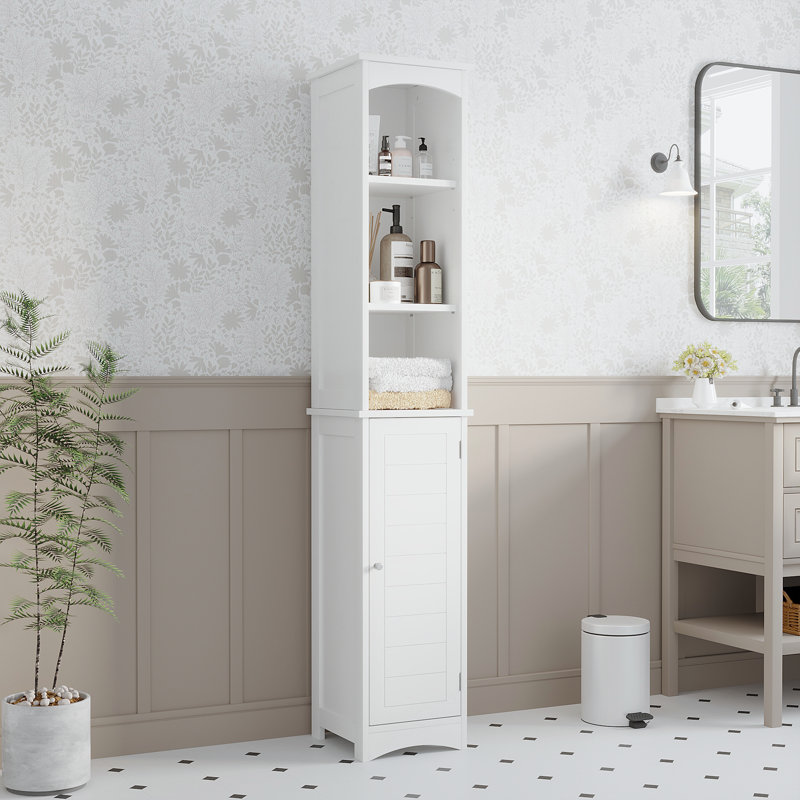 64.17" White Freestanding Bathroom Tall Cabinet with Open Shelves & Louvered Door