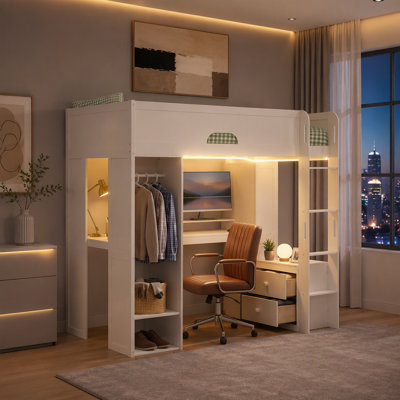 Solid Wood Loft Bed with L-Shaped Desk,Storage Cabinet,and Wardrobe, High Loft Bed with Smart APP Control LED Light Strip, USB Charging Ports