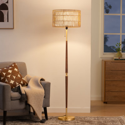 Lampe sur pied 63,4 "en rotin traditionnel avec abat-jour tissé double couche