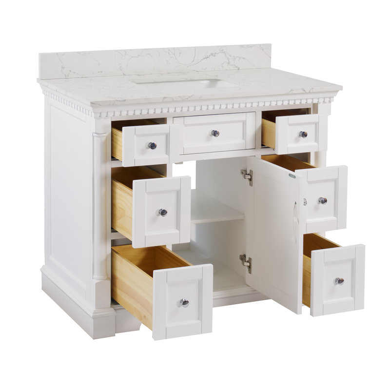 Ensemble de meuble-lavabo simple 42 po avec armoire blanche et comptoir en marbre, Blanc, Marbre d'ingénierie