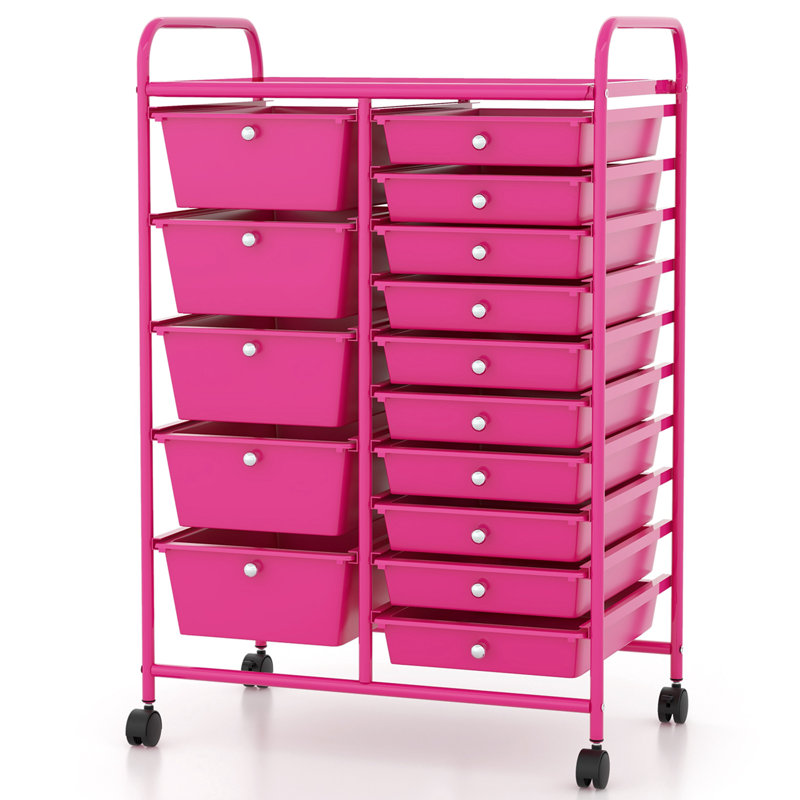Hot Pink Steel Frame 15-Drawer Rolling Storage Cart