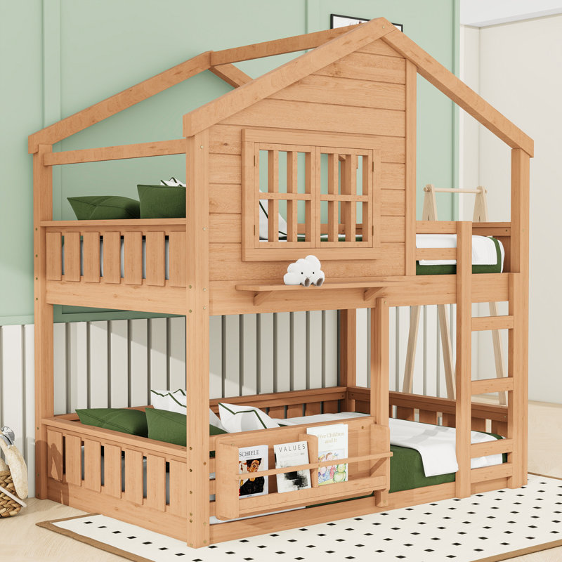 Lit superposé en bois avec toit de style maison, Lit superposé double sur double