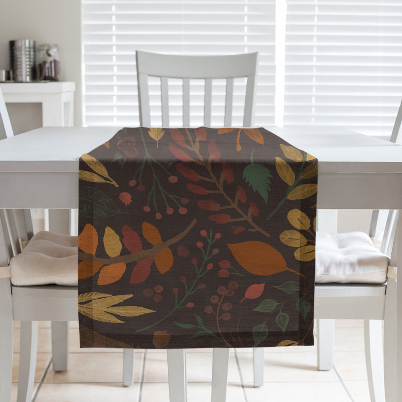 Chemin de table Festive Hol Autumn, L 90 po x l 16 po, Brun foncé / beige / vert, Mélange de coton