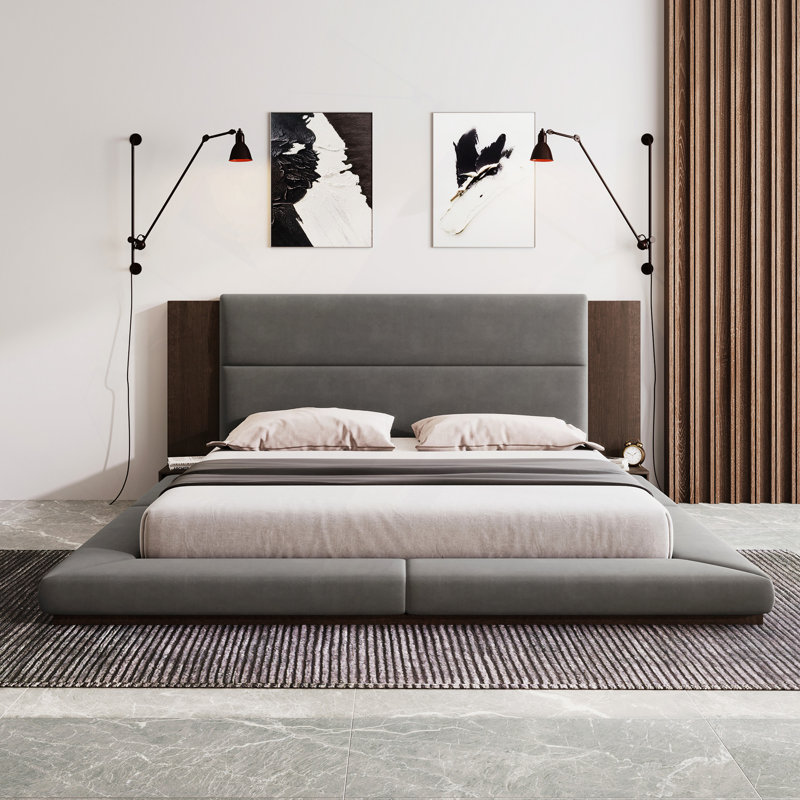 Lit plateforme tapissier de plancher avec tête de lit en bois allongée et tablette de chevet, aucun sommier nécessaire