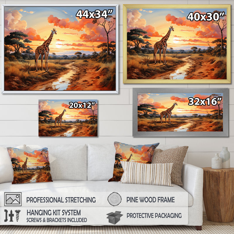 " African Girafes In Savanna II ", 12" H x 20" W x 1" D, Gold Picture Framed
