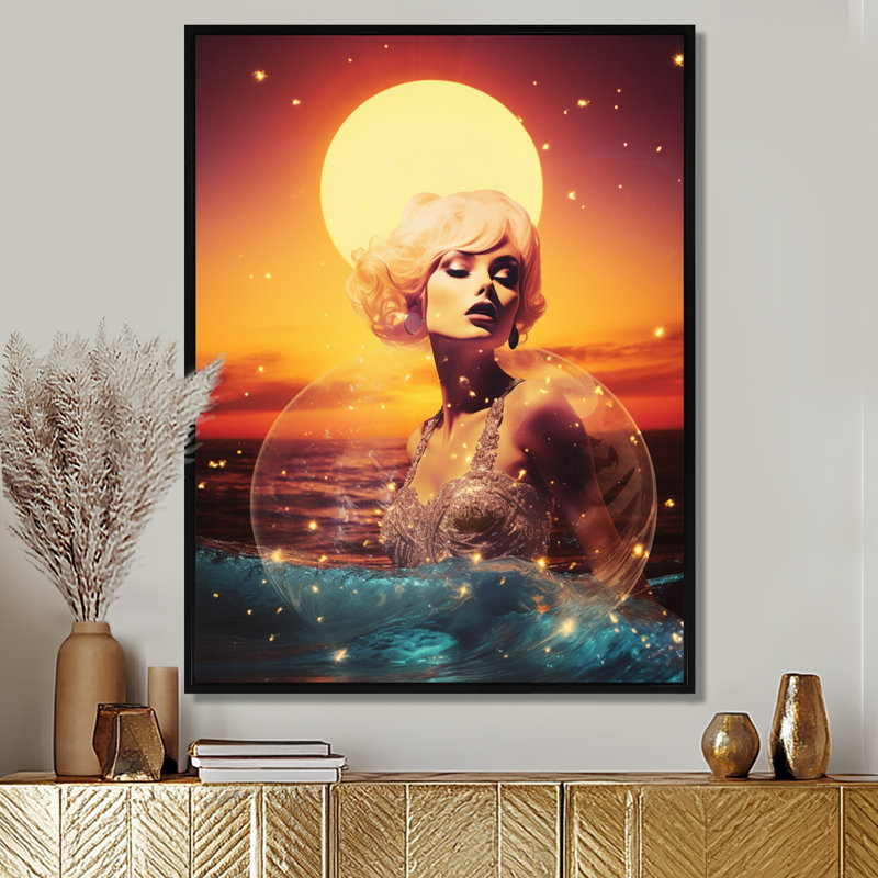 Impression sur toile «Ocean Moon Sensuality Retro - Woman Pop», Toile noire avec cadre flottant, H 20 po x l 12 po