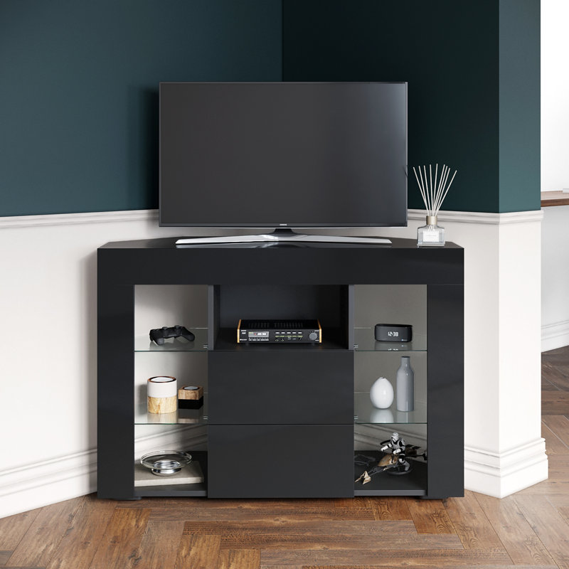 Aladar 100Lx40Wx68H High Gloss Particleboard Corner TV Stand & TV Cabinet, 2 Drawers 7 Storage, Fits 50" TV, Black