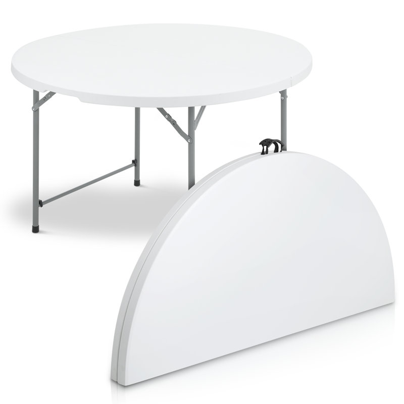 Round Foldable Plastic Table Collapsible Circular Steel Frame with Carry Handle, 29.5" H x 48" L x 48" D, White