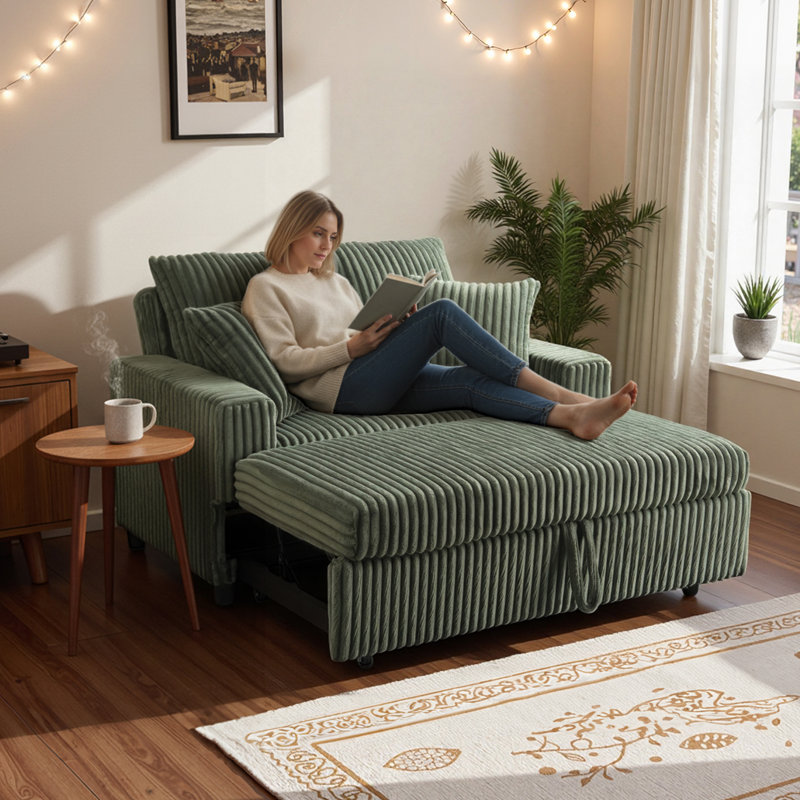 52.8 Inch 3 In 1 Pull-Out Sofa Bed,Corduroy Reclining Sleeper Sofa,Convertible Loveseat, Green