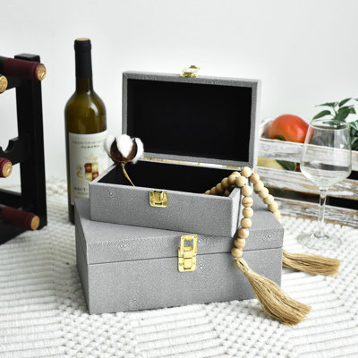 Faux Shagreen Leather Decorative Storage Boxes Set Of 2, Ivory