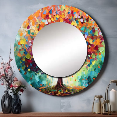 Corail chêne à la ferme I - miroir décoratif arbres, miroir mural rond traditionnel, impression d'art en métal