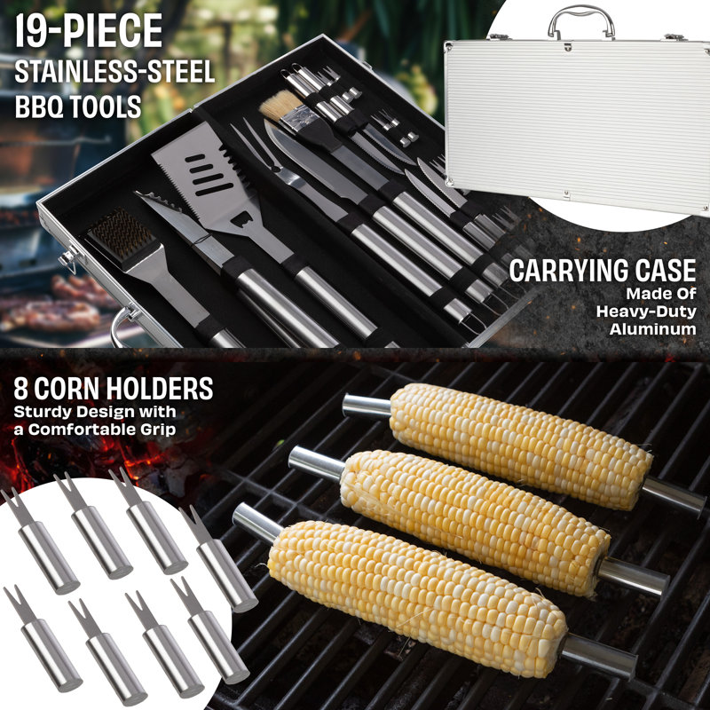 BBQ Accessories Kit - 19PC Stainless-Steel Grill Tools Set with Aluminum Carrying Case - Complete Grill Set for Outdoor Grill - Grilling Accessories for Dad, Father’s Day, or Birthday by Chef Buddy