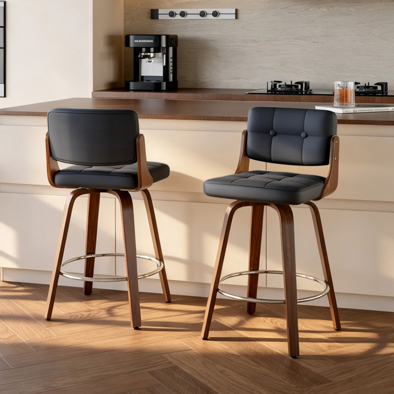 Tabouret de comptoir pivotant en cuir moderne de 26 po avec structure en bois robuste, Noir
