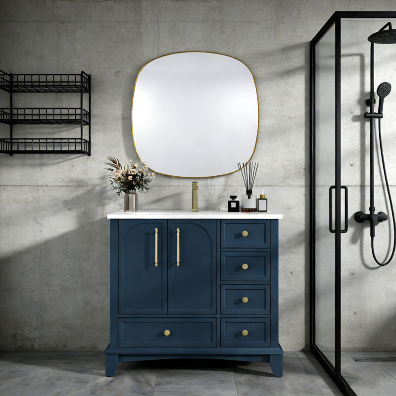 Bathroom Vanity with Sink, Drawers and Metal Handles, Blue