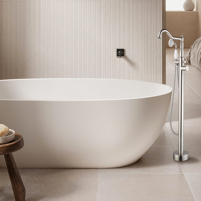 Cisy Floor Mounted Freestanding Tub Filler with Diverter and Handshower, Brushed Nickel