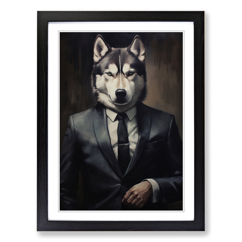 Husky In A Suit Painting No.3 - Single Picture Frame Print on Wood, 46cm H x 34cm W x 2cm D, Black Framed