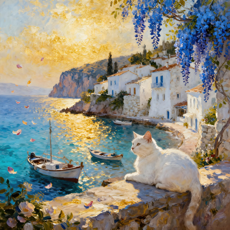 «Seaside Cat at Sunset», art mural sur toile tendue, L 40 po x H 40 po x P 1,5 po