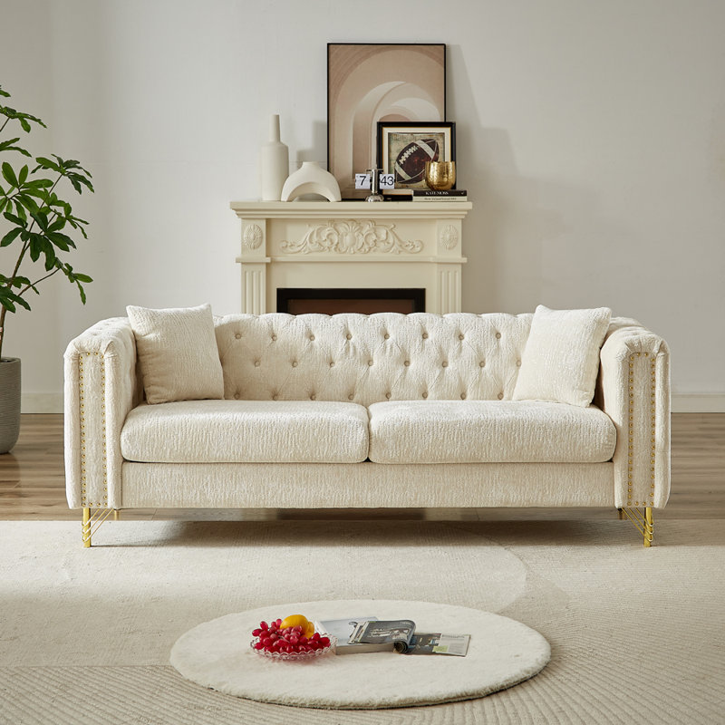 Canapé Chesterfield LUSPAZ, capitonné avec garniture cloutée en cuivre, pieds en métal, design moderne, Chenille beige