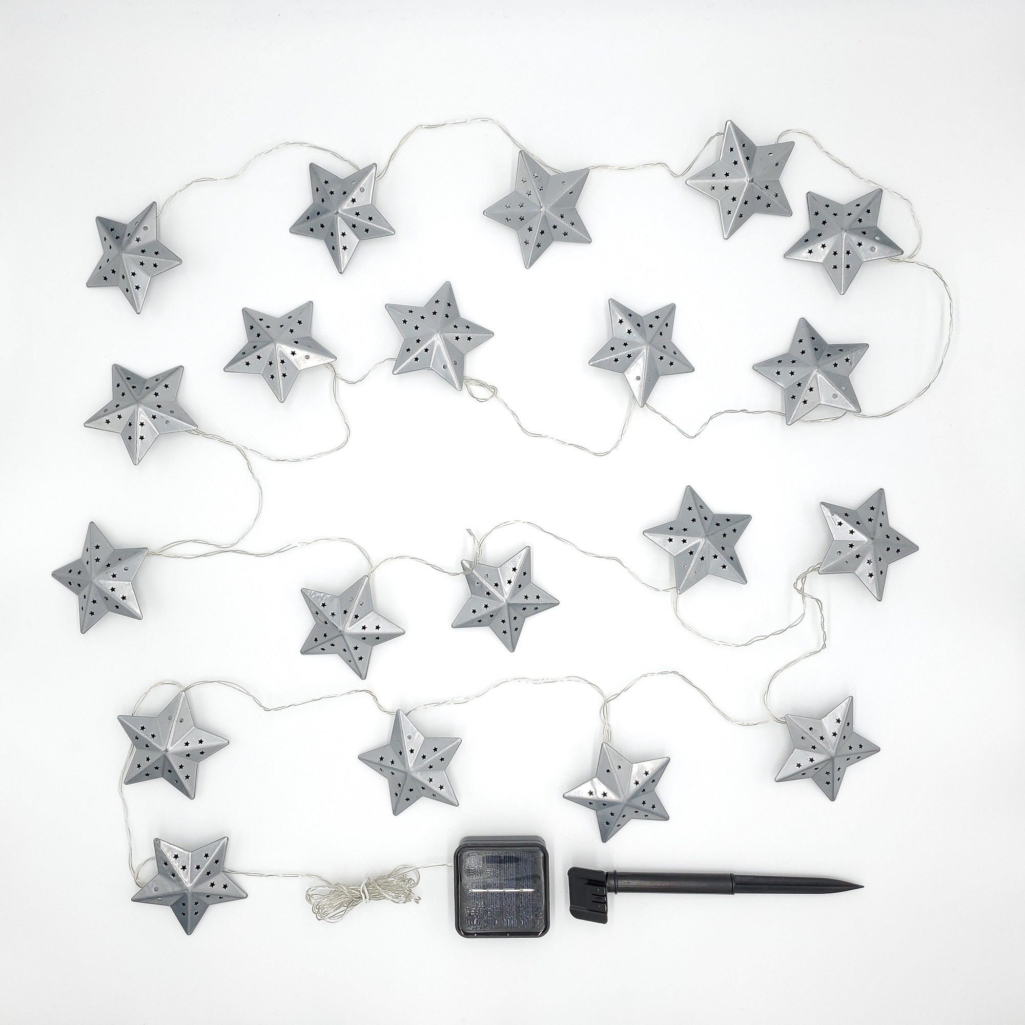 Silver Metal Star Solar String Lights, 20 Lights Silver Metal Star Solar String Lights, 20 Lights