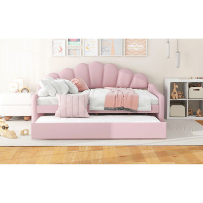 Pink Full Size Daybed With Shall Shaped And Trundle - Build, Comfortable Sleeping Arrangement Upholstered In , Comfortable, Multipurpose