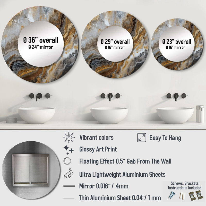 Olha or et gris A Marble Effect I - miroir mural unique en marbre, miroir rond doré, impression d'art en métal, 29 po x 29 po