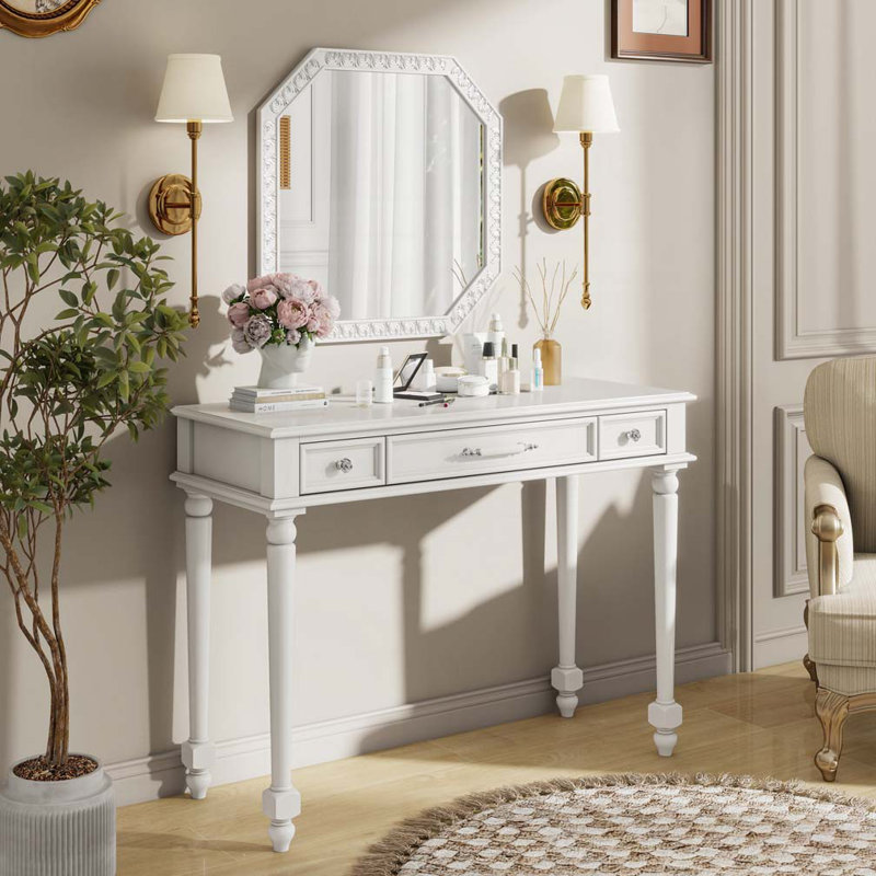 Bureau de maquillage rétro avec grand miroir octogonal, 3 tiroirs et poignées au design unique