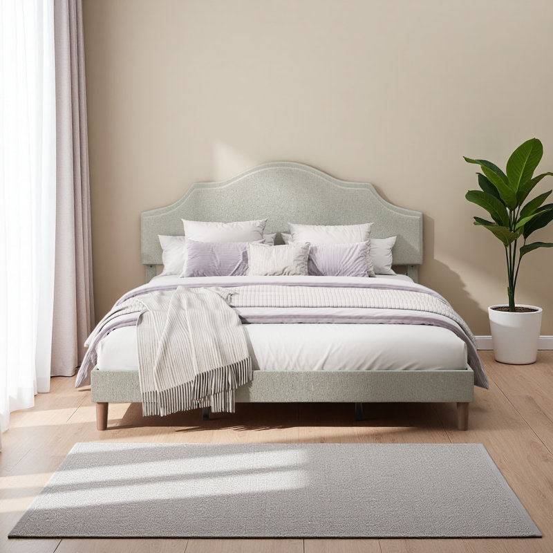Lit plateforme tapissier avec tête de lit ajustable, rembourré en tissu de lin, lit plateforme de style simple et moderne sans sommier, assemblage facile