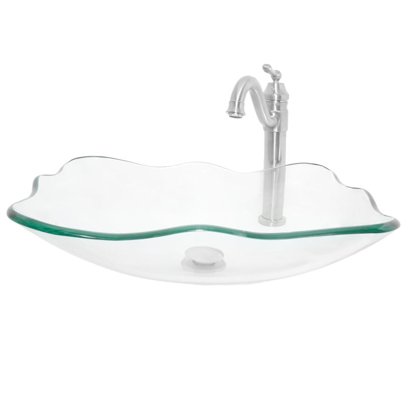 Novatto 15'' Glass Square Bathroom Sink with Faucet, Clear, Brushed Nickel