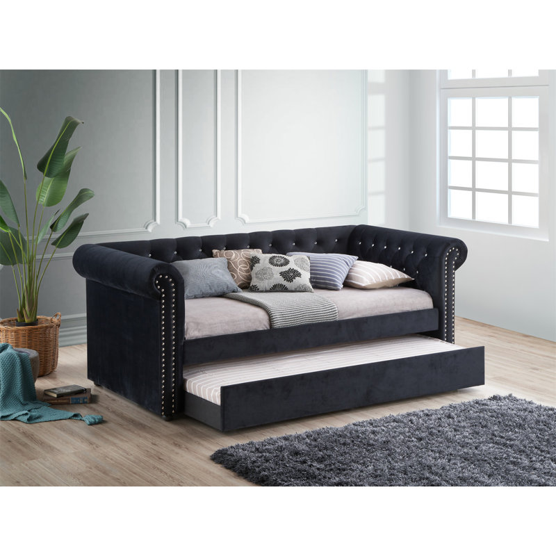 Luxurious 1Pc Modern Aesthetic Beautiy Button Tufted Nailhead Trim Design Daybed Built-In Pull-Out Trundle Bed Living Space Guest Room Bedroom Black