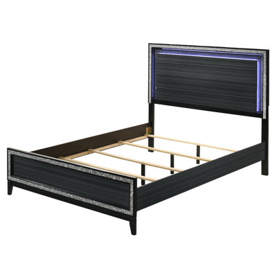 Grand lit à DEL noir patiné - construction en bois composite, support de poids de 660 lb, élégant avec éclairage intégré et détails de garniture argentée