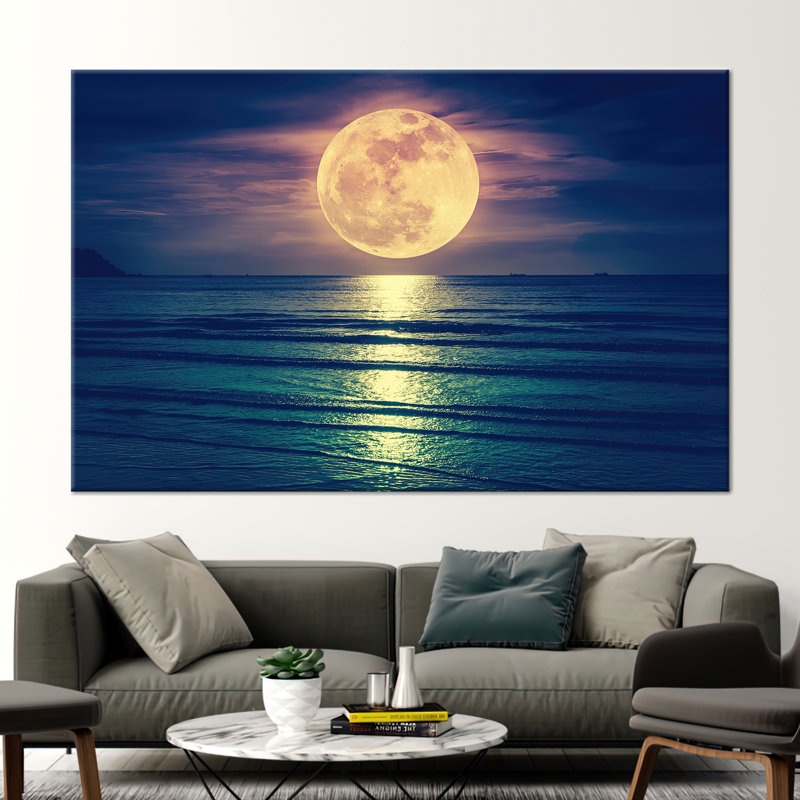 Sea Wall Art, Nature Landscape Canvas, Full Moon Landscape Art, Beach Landscape Printed, Huge Full Moon Poster, Contemporary Art Canvas,