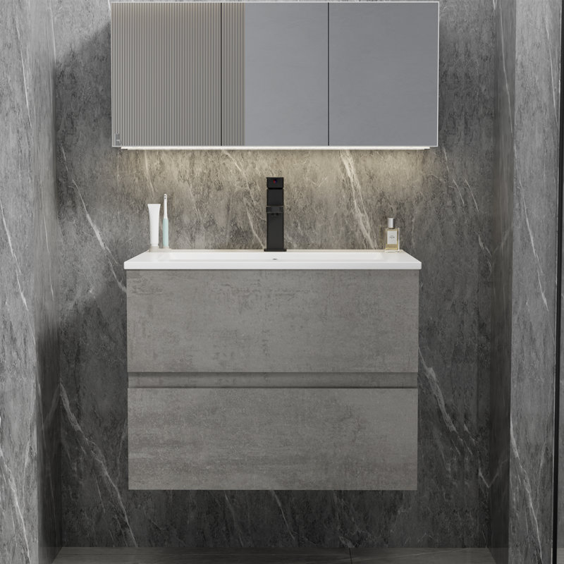 Jadaya Sharee 24" Modern Wall Mounted Bathroom Vanity with Ceramic Sink Top, Wood Tune Floating Cabinet, Gray Cement