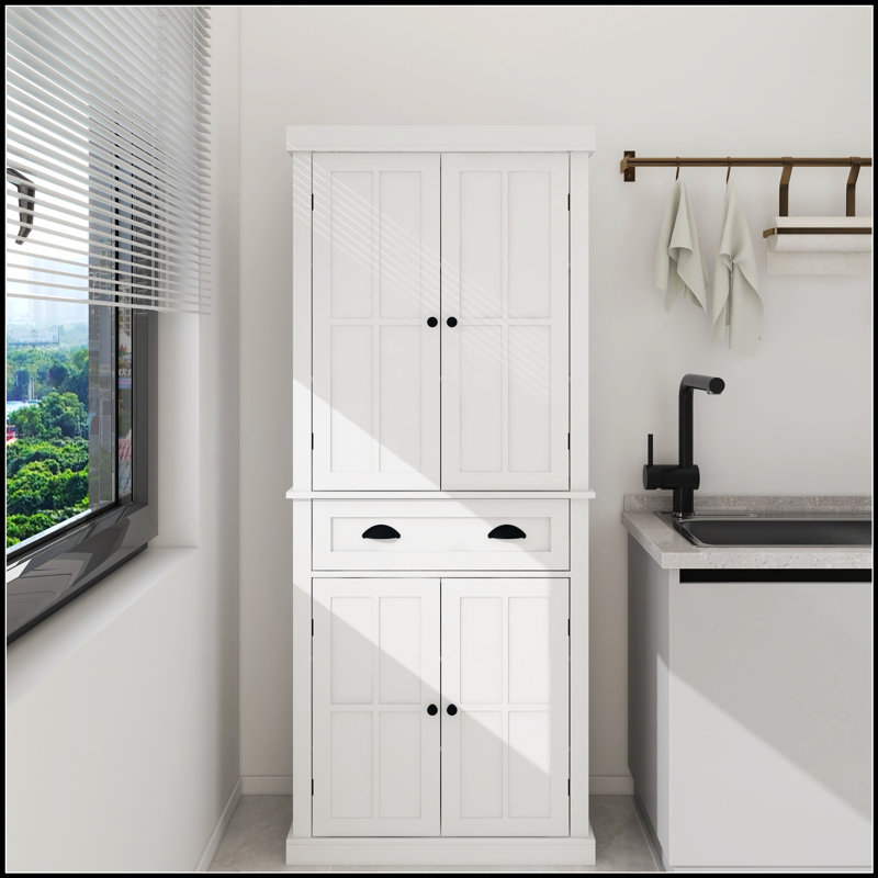 Armoire de rangement pour garde-manger autoportante de 71 pouces avec 4 portes, un tiroir et 2 tablettes réglables pour une organisation élégante et efficace