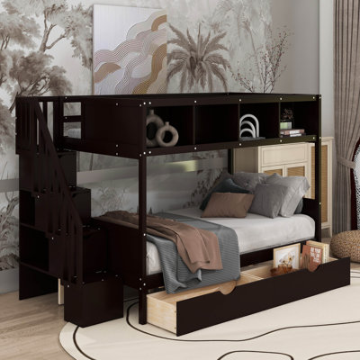 Twin Over Full Bunk Bed With Shelfs, Storage Staircase And Drawers