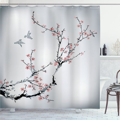 Ambesonne Nature Shower Curtain Birds Cherry Branches Style -  sc_332381_long