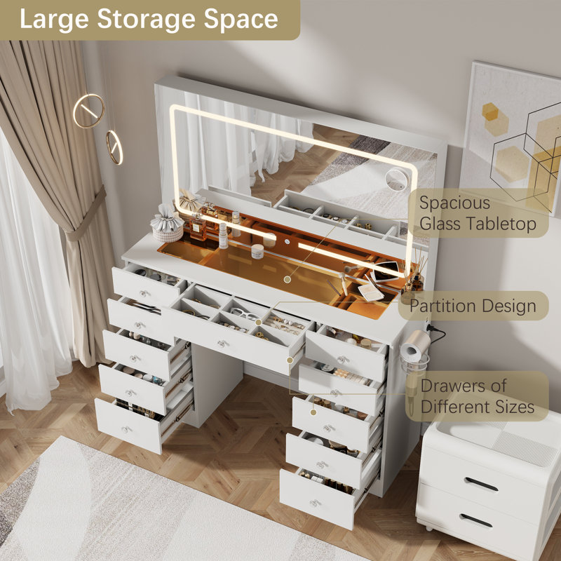 45.9" Glass Top Makeup Vanity Set with Lighted Mirror, 11 Drawers & Hair Dryer Holder, White